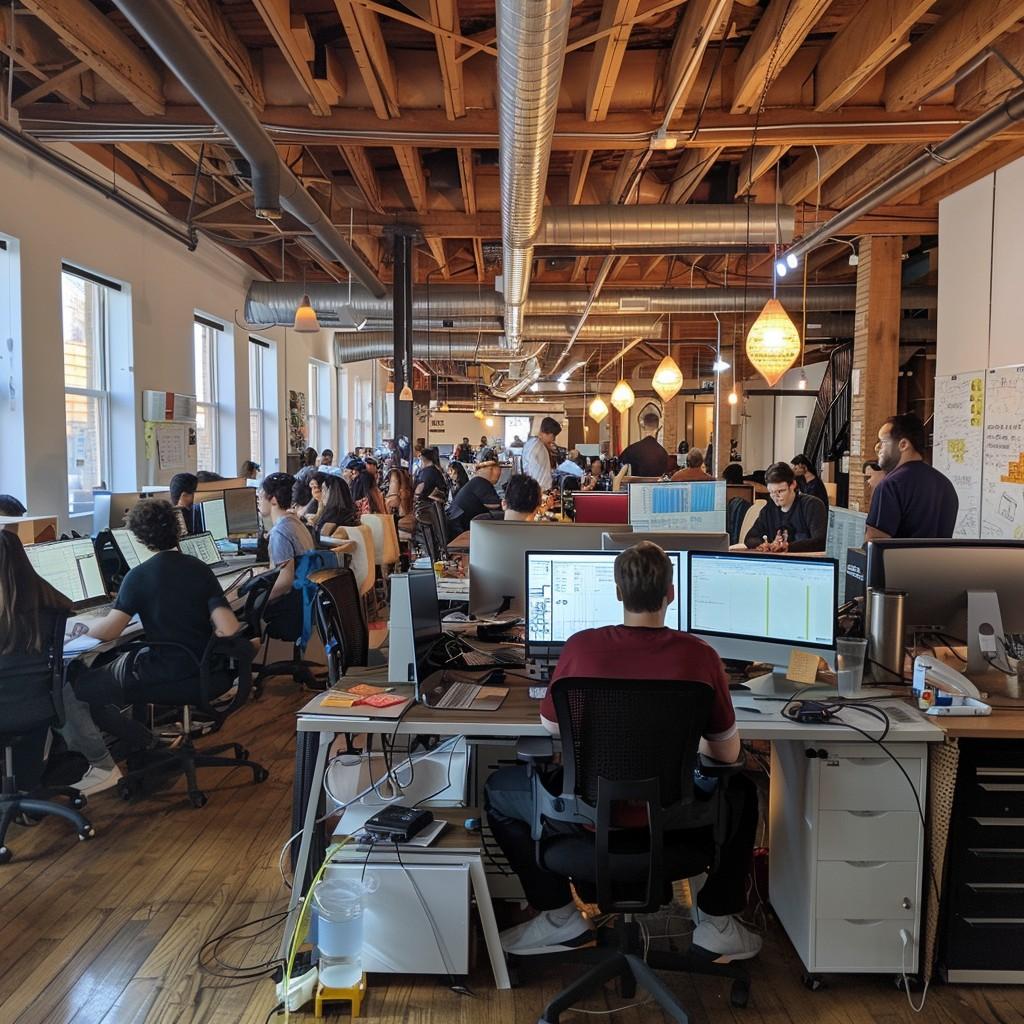 busy-tech-office-stockcake | Los Angeles Software Developers Large open office with software developers working at shared desks and multiple monitors