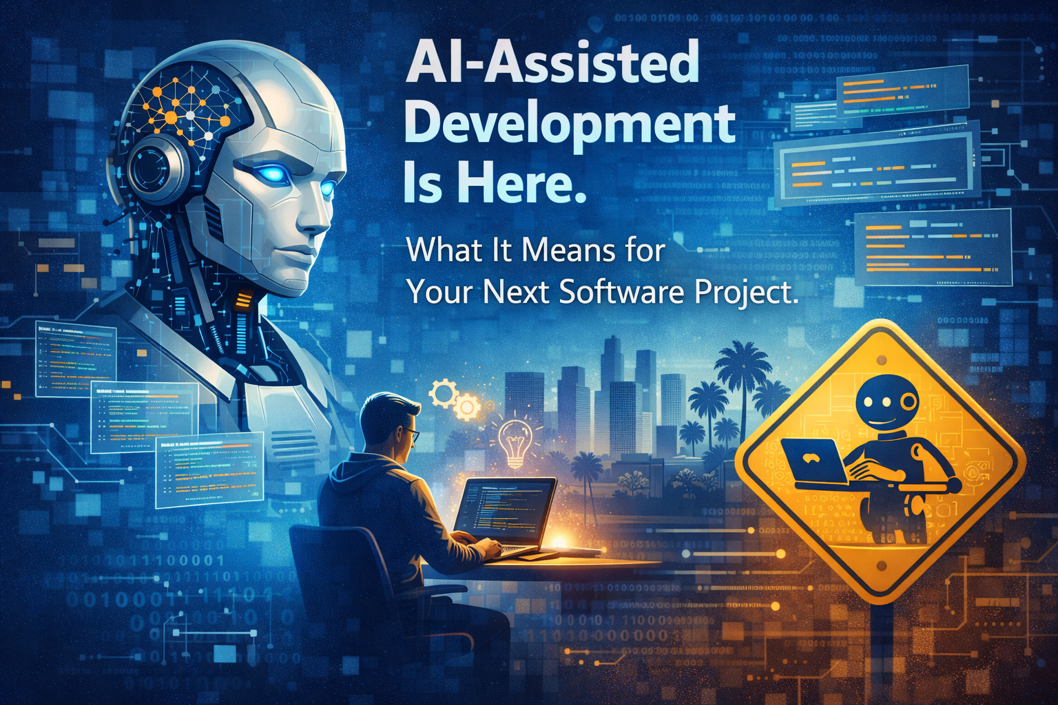 Los Angeles software developer reviewing AI-generated code with human oversight in modern workspace. AI software development Los Angeles