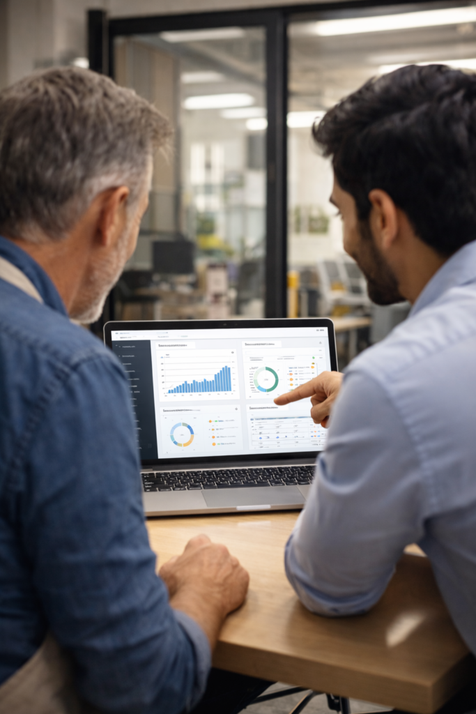 two men looking at a laptop. Software launch pressure comes from poor planning. 